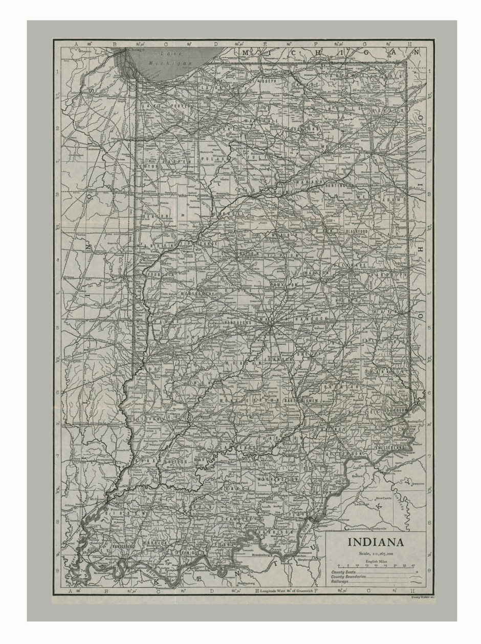 Karte von Indiana, USA, um 1900 von Emery Walker