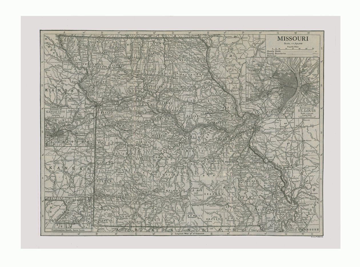 Karte von Missouri, USA, um 1900 von Emery Walker