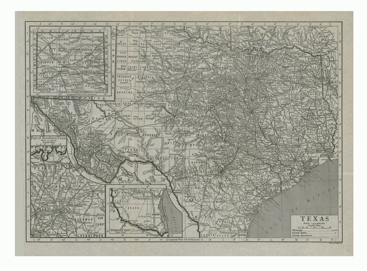 Karte von Texas, USA, um 1910er von Emery Walker