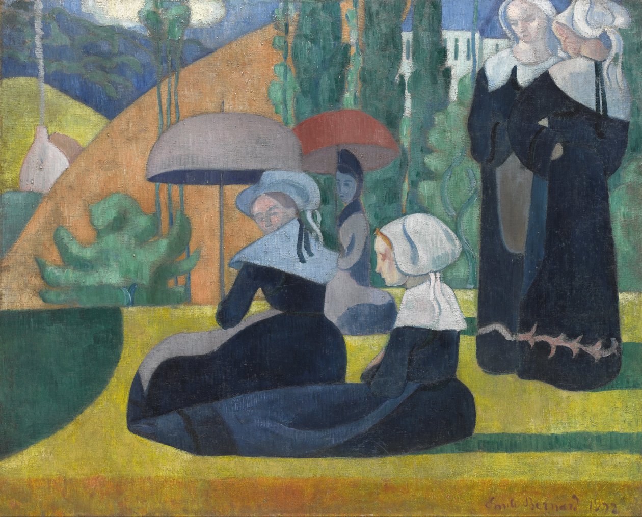 Bretonische Frauen mit Regenschirmen von Emile Bernard