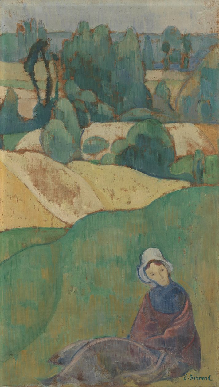 Frau, die auf einem Feld sitzt von Emile Bernard