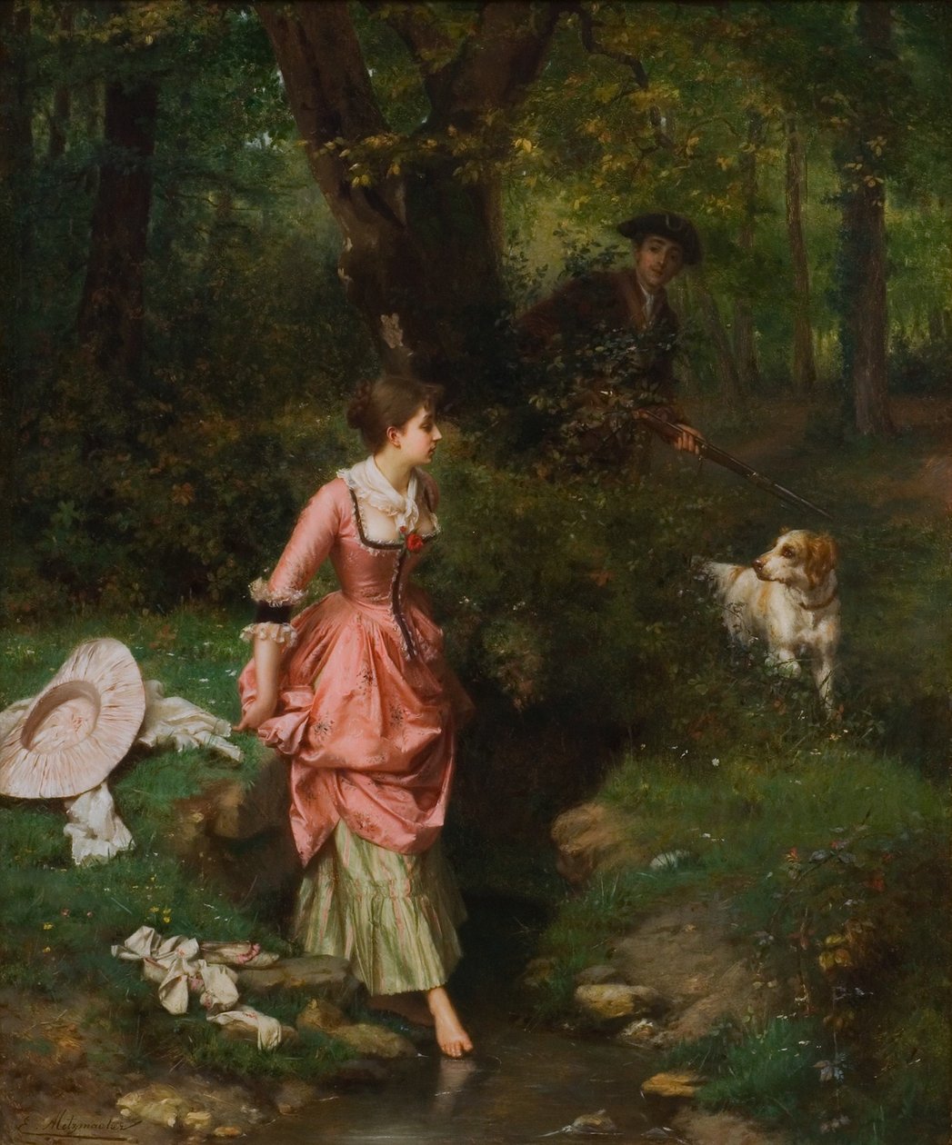 Eine junge Dame überquert einen Bach von Emile Pierre Metzmacher