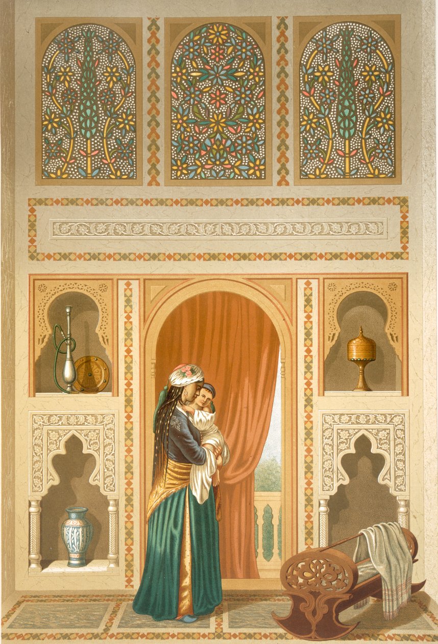 Kairo: Innenansicht des Hauses von Sidi Youssef Adami: eine Frau steht in einem Raum mit reicher Mosaik- und Marmordekoration, 19. Jahrhundert von Emile Prisse d