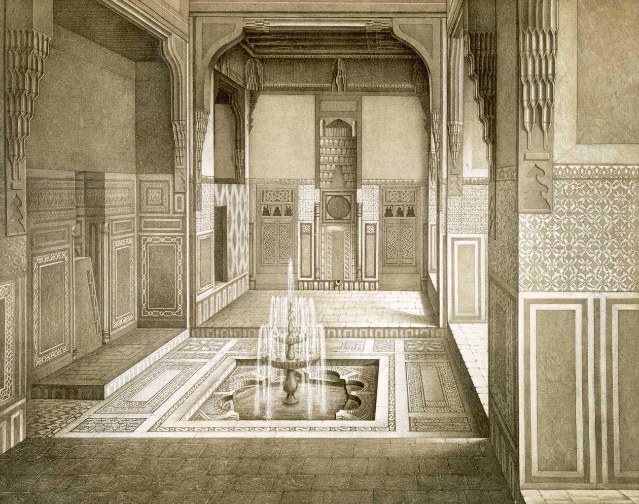 Kairo: Mandarah: Empfangsraum, Erdgeschoss, mit Pool und Brunnen, 19. Jahrhundert von Emile Prisse d