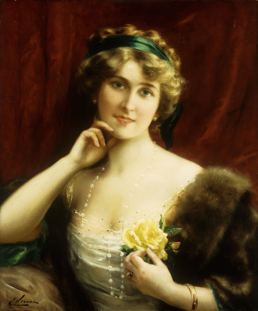 Eine elegante Dame mit einer gelben Rose von Emile Vernon