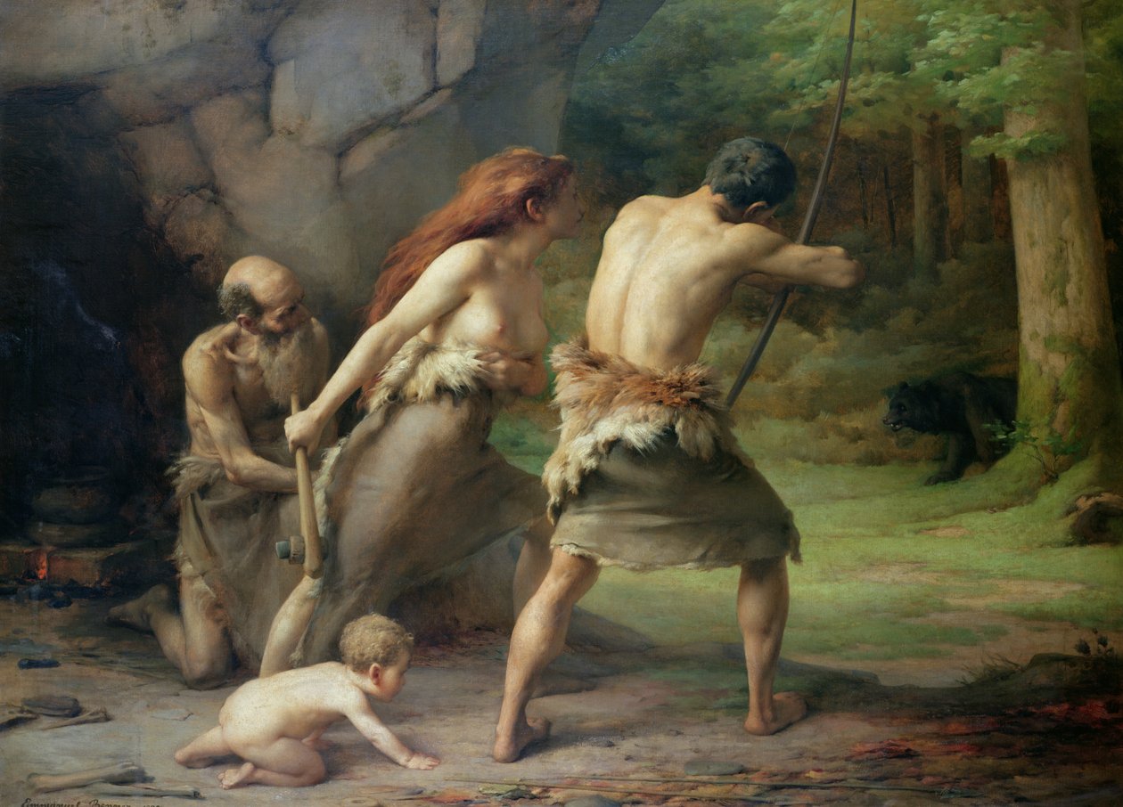 Prähistorischer Mensch jagt Bären, 1832 von Emmanuel Benner
