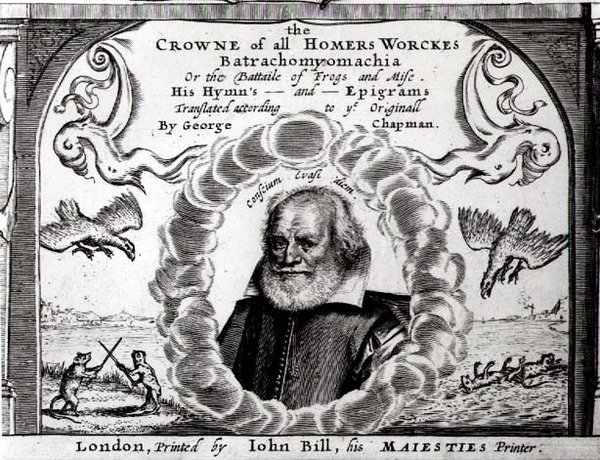Frontispiz von Batrachomyomachia oder, Der Kampf der Frösche und Mäuse, übersetzt von George Chapman (ca. 1559-1634) von English School