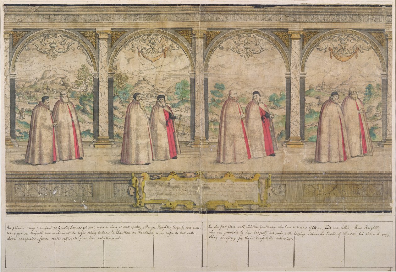 Imaginäre zusammengesetzte Prozession des Hosenbandordens in Windsor, graviert von Marcus Gheeraerts dem Älteren (1521-86) 1576 (Farbradierung) von English School