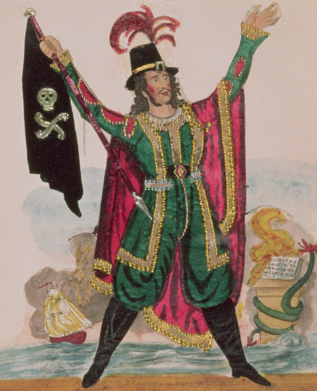 Mr. T.P. Cooke in der Rolle des Fliegenden Holländers (Gravur und Collage) von English School