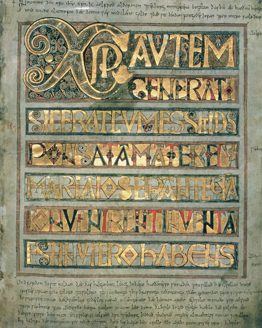 Ms A 135 f.11r Illuminiertes Text, Initialseite `Xpi zu St. Matthäus, aus dem Stockholm Codex Aureus, c.750 von English School