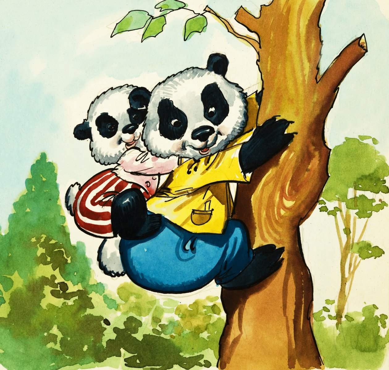 Pandas klettern auf einen Baum von English School