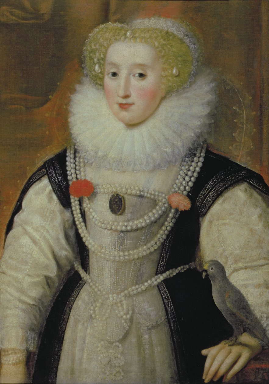 Porträt einer elisabethanischen Dame mit einem Papagei von English School
