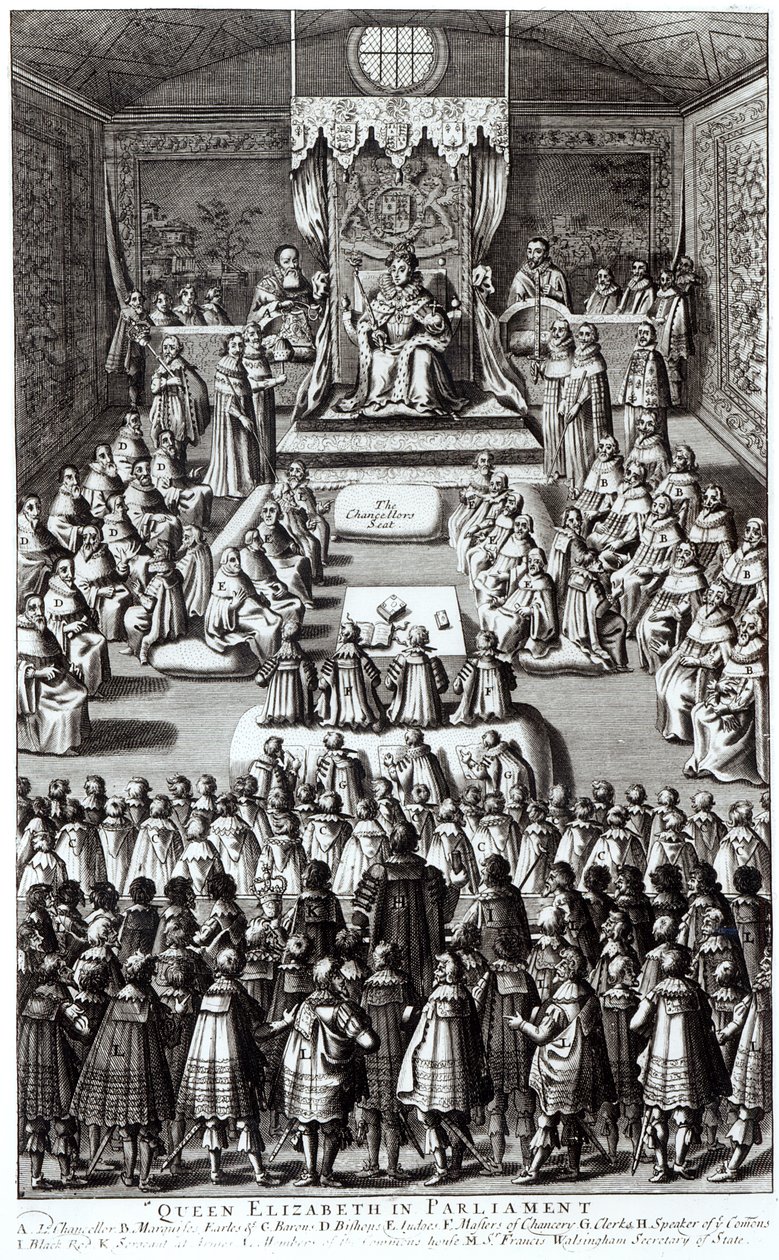 Königin Elizabeth I. (1533-1603) und das Parlament von English School