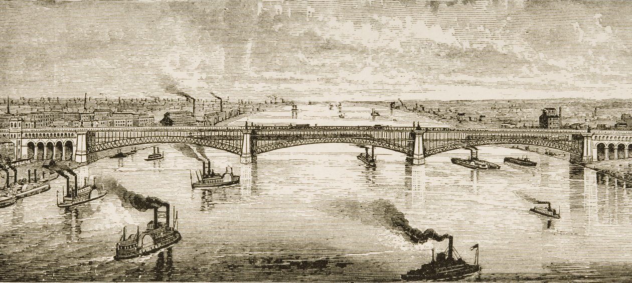 Stahlbrücke über den Mississippi bei St. Louis, ca. 1874, aus 