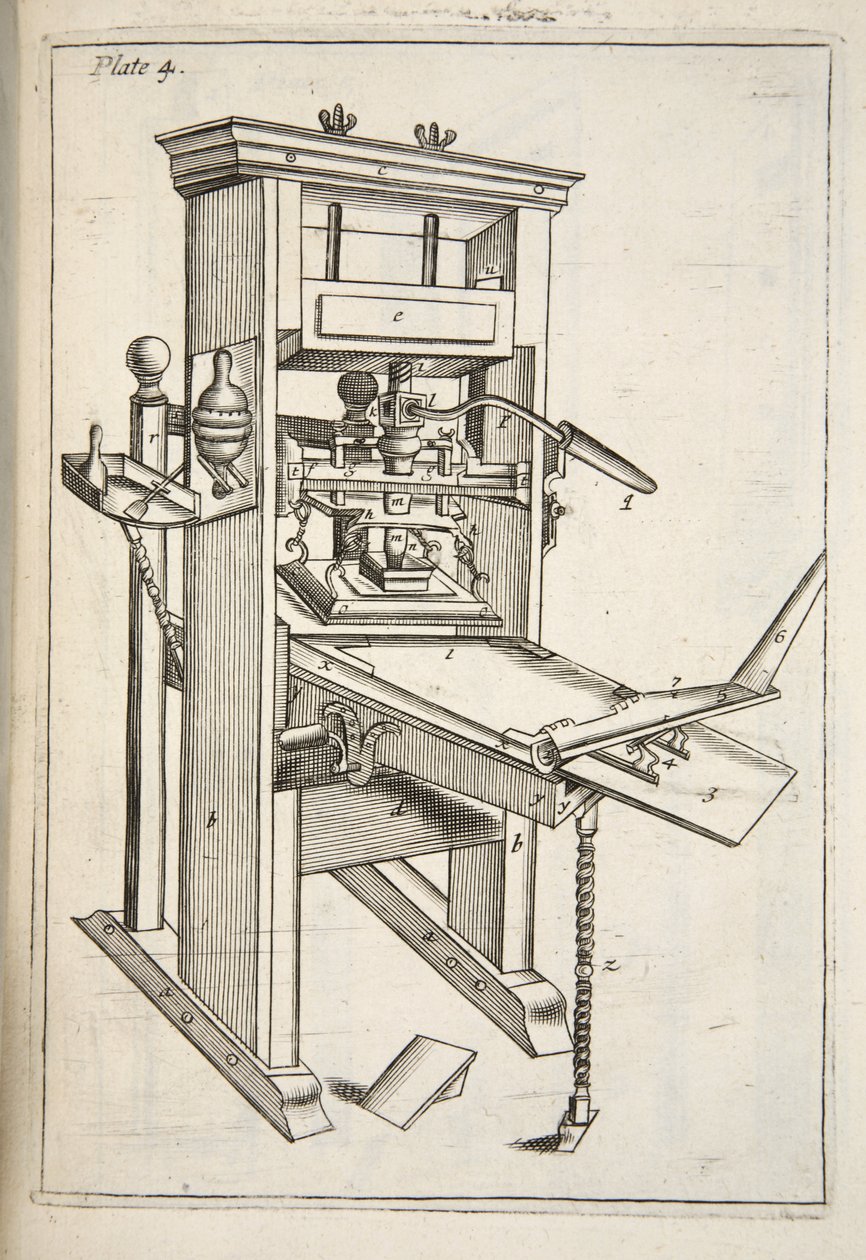 Die Druckerpresse, aus Mechanick Exercises: or The Doctrine of Handy-Works applied to the Art of Printing, veröffentlicht 1683 von English School