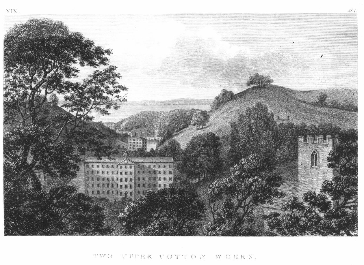 Zwei obere Baumwollwerke, New Lanark Textilfabriken, 1796 von English School