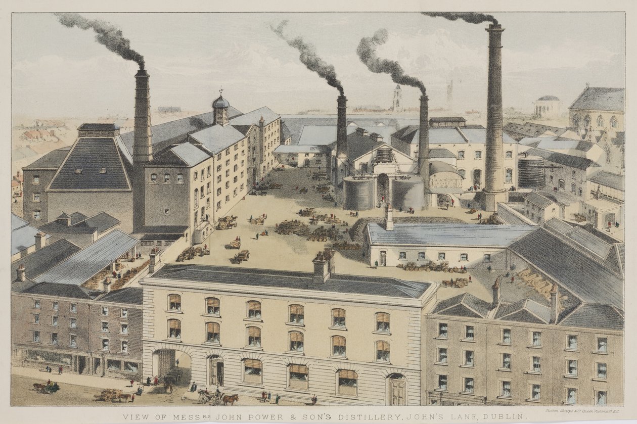 Ansicht der Brennerei von Messrs. John Power & Sons, Johns Lane, Dublin, ca. 1845 von English School
