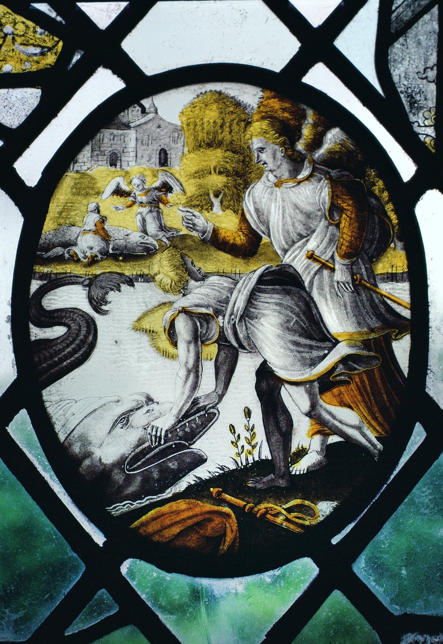 Fenster, das Tobias und Erzengel Raphael am Fluss Tigris darstellt von English School