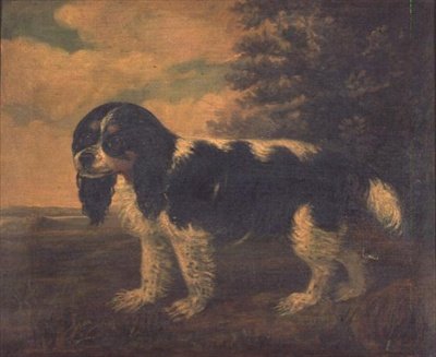 Ein King Charles Spaniel in einer Landschaft von English School