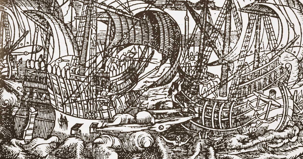 Zeitgenössischer Holzschnitt eines Kriegsschiffs auf See von English School