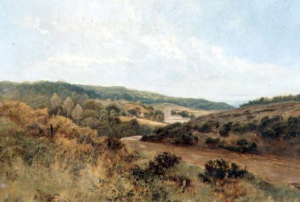 Flusslandschaft mit Kirche in der Ferne von English School