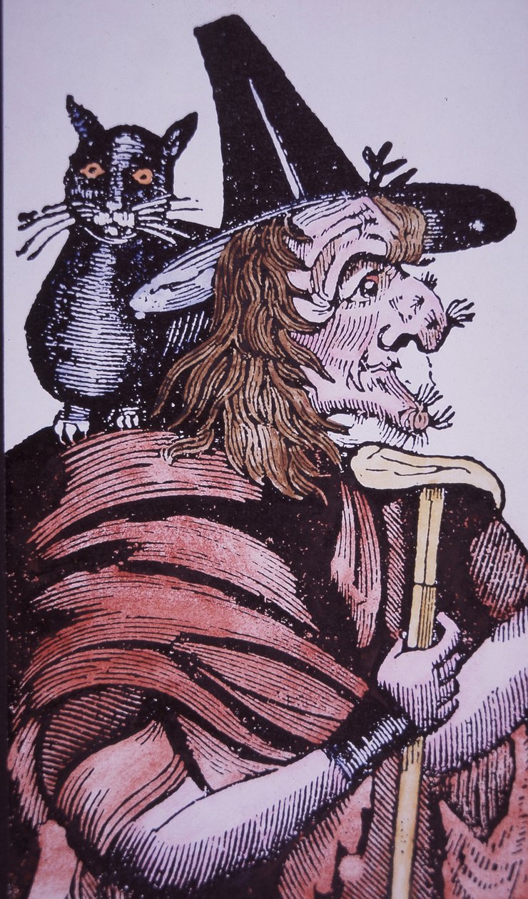 Hexe mit ihrer Katzengefährtin (Holzschnitt) von English School