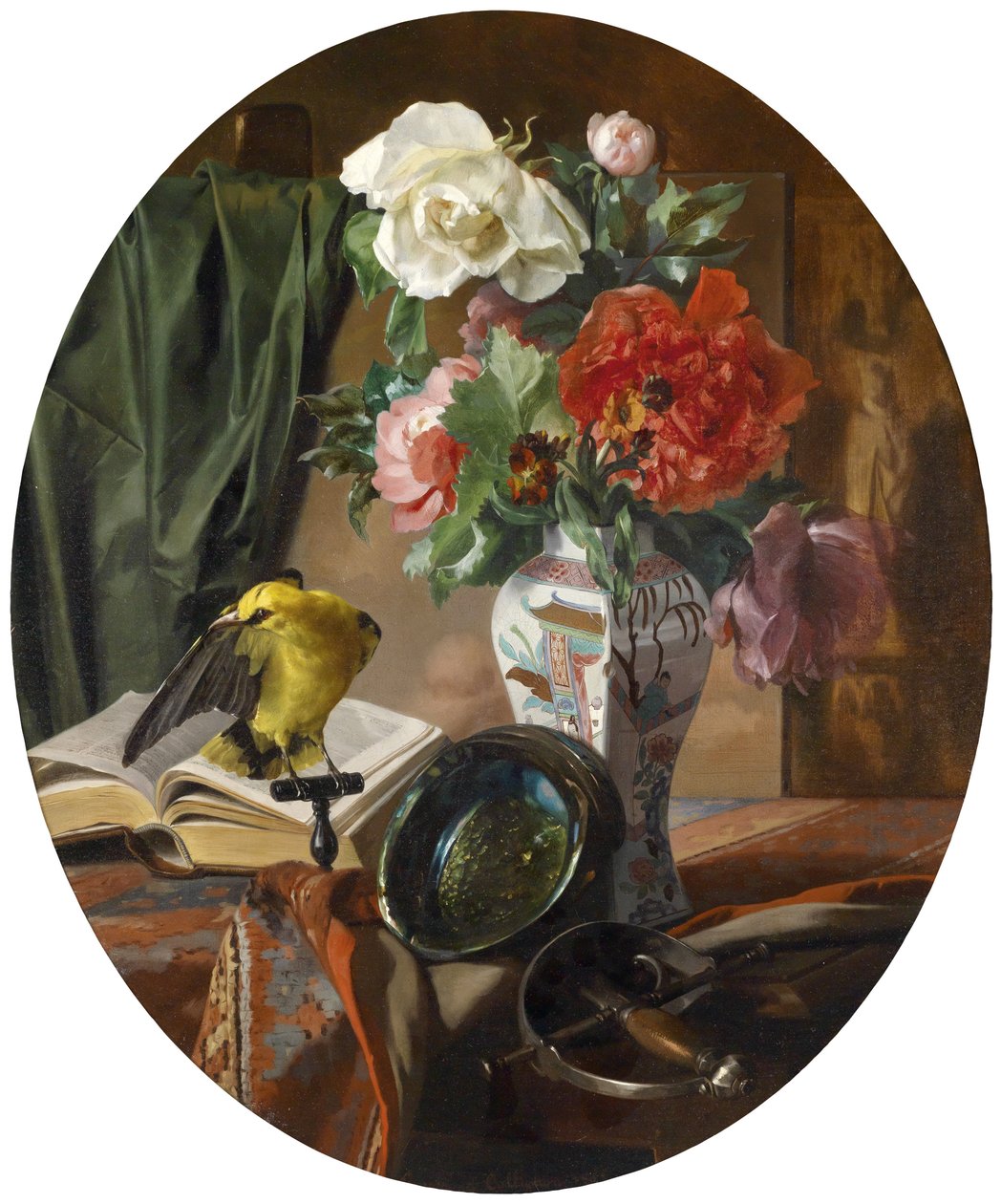 Stillleben mit Blumen in einer chinesischen Vase, Vogel und Ziergegenständen von Ennemond Collignon