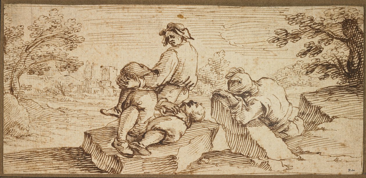 Drei Figuren ruhen in einer Landschaft von Ercole Bazzicaluva