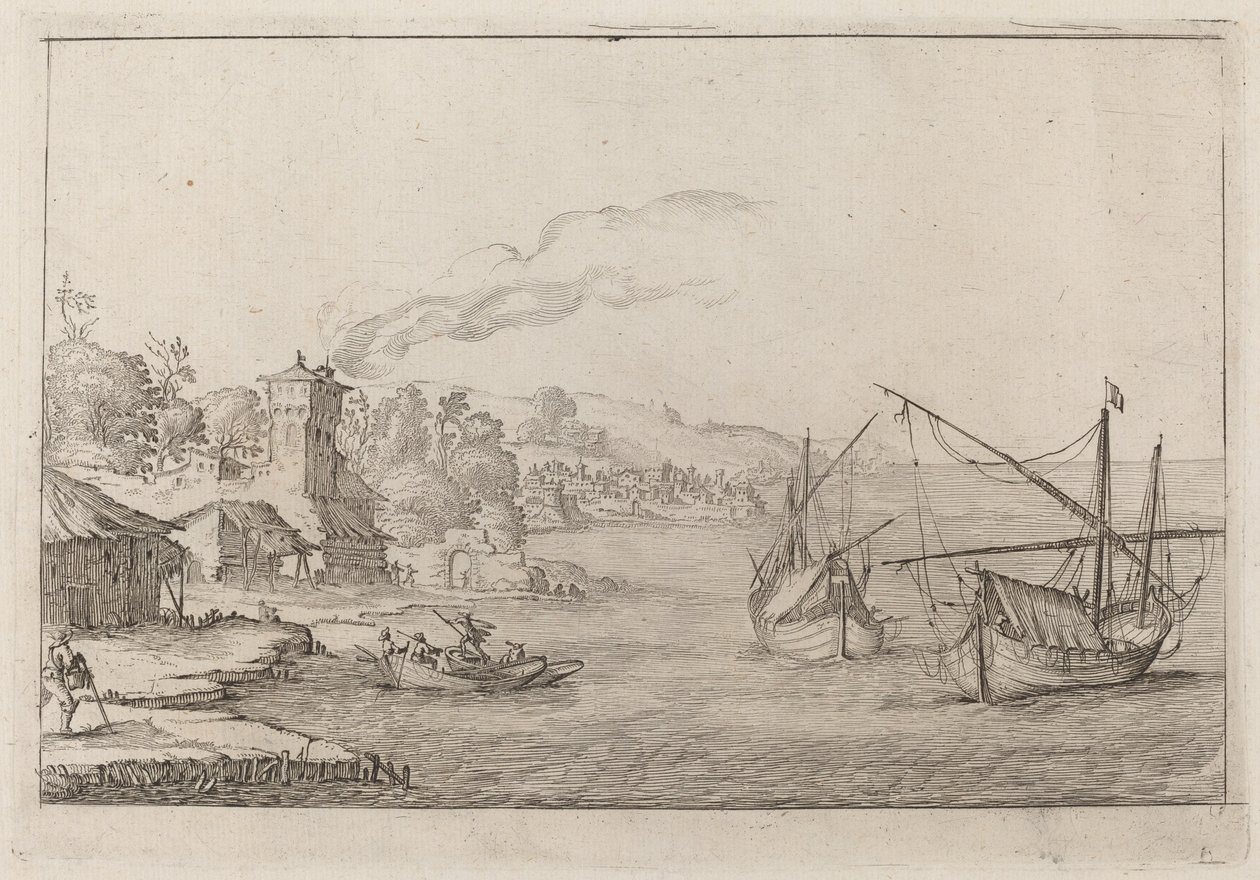 Küstenlandschaft mit verankerten Schiffen von Ercole Bazicaluva