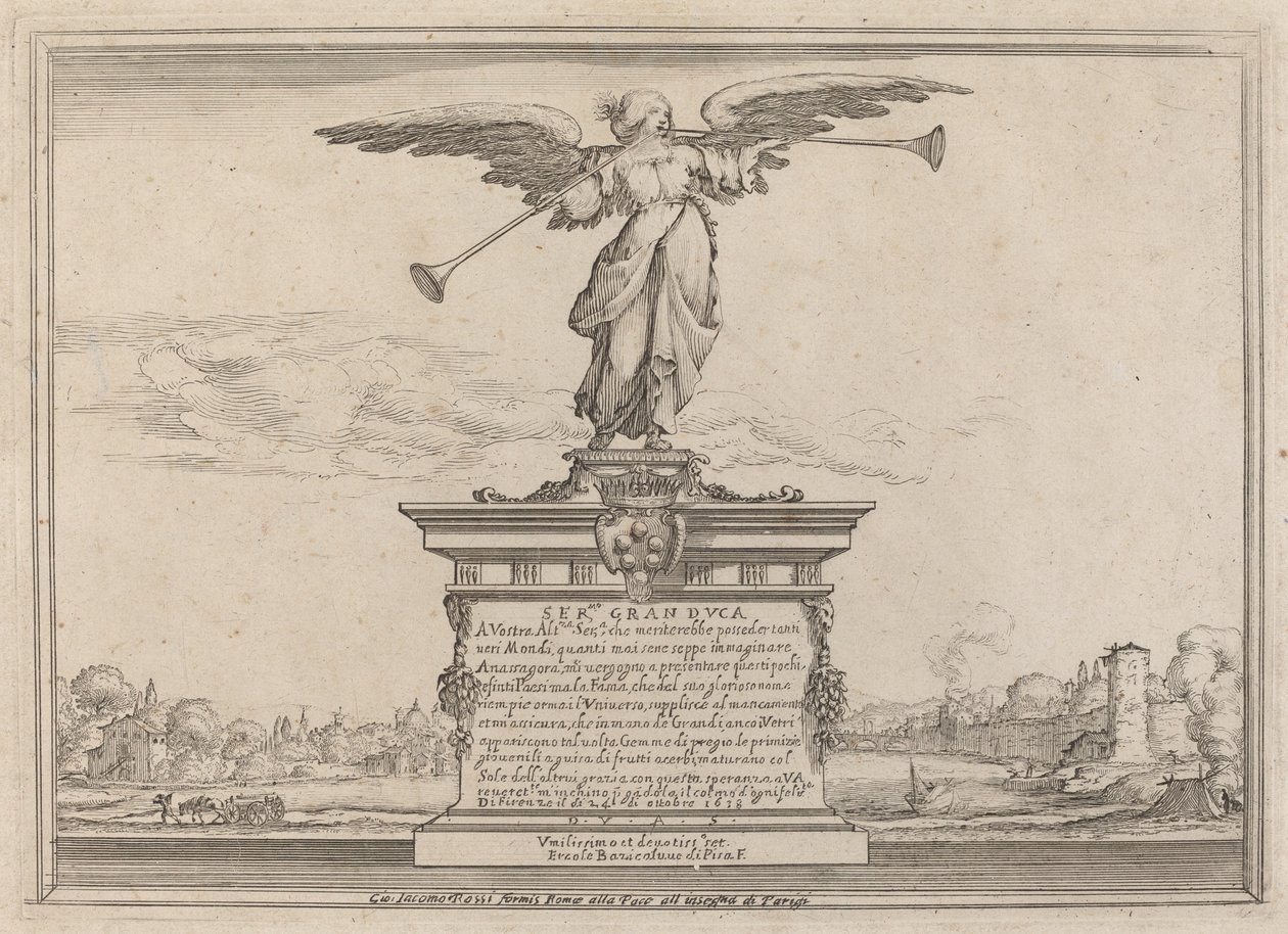 Widmungsseite mit Statue der Fama von Ercole Bazicaluva