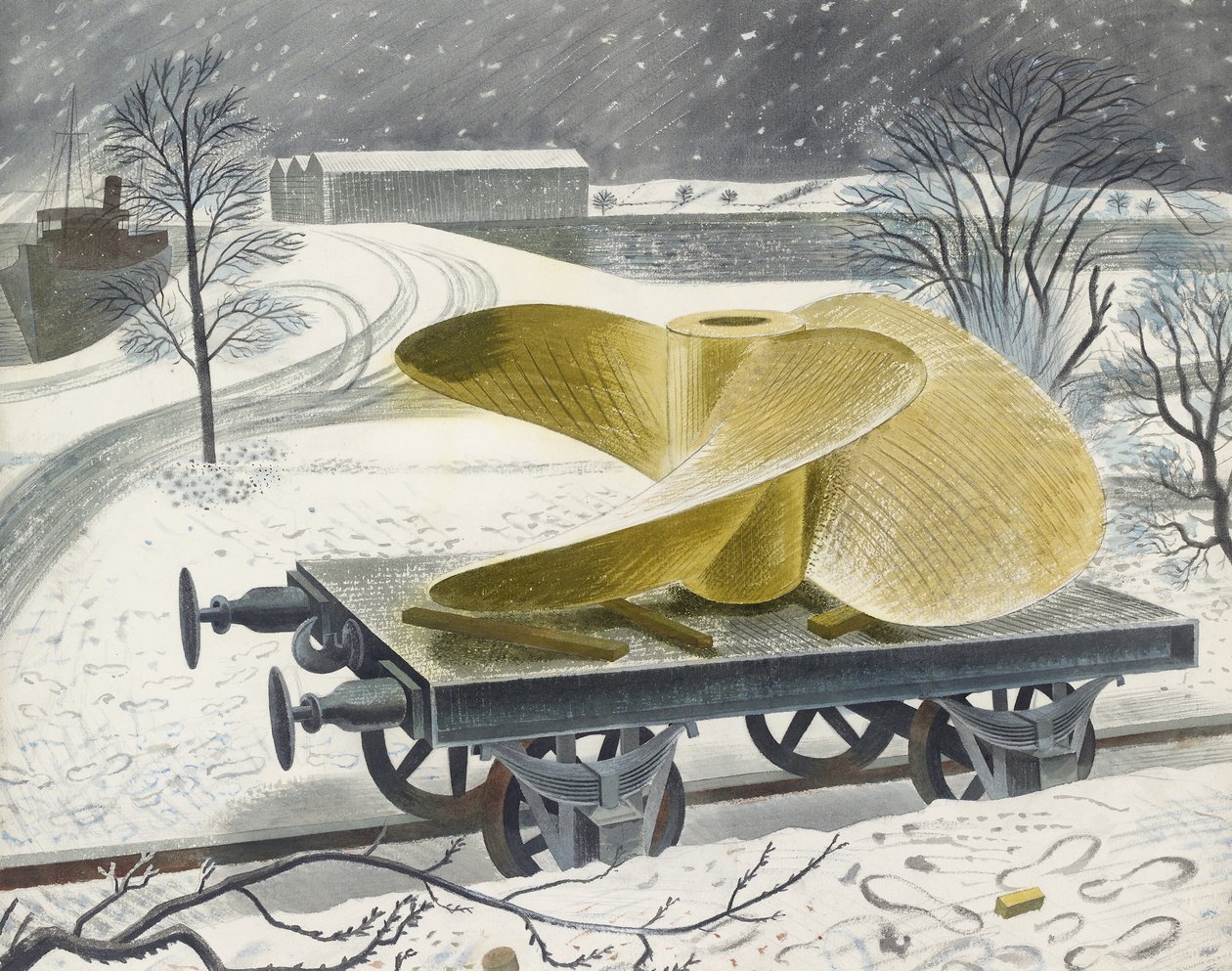 Schiffsschraube auf einem Eisenbahnwagen von Eric Ravilious