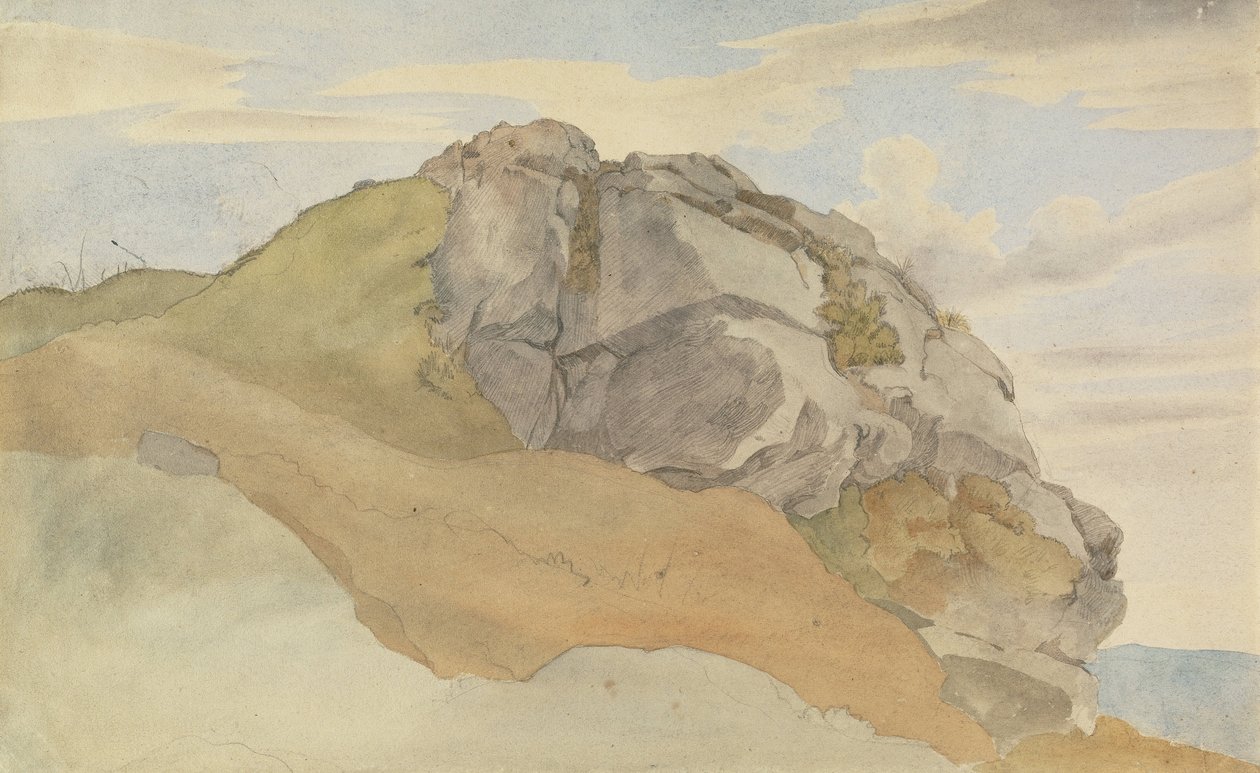 Felsvorsprung (recto), Felsiger Wald mit Spaziergängern (verso) von Ernst Ferdinand Oehme