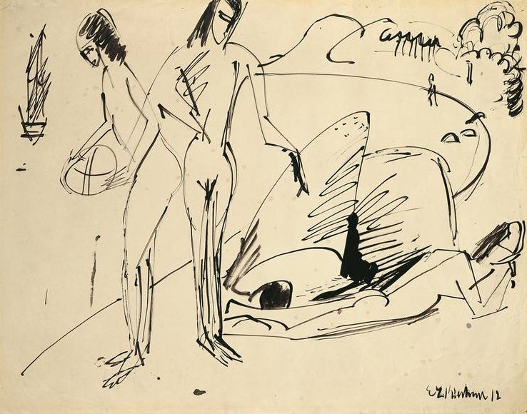 Badende am Strand von Fehmarn von Ernst Ludwig Kirchner