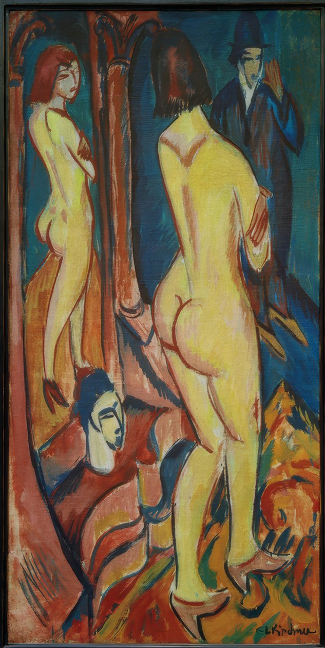 Rückenakt mit Spiegel und Mann von Ernst Ludwig Kirchner