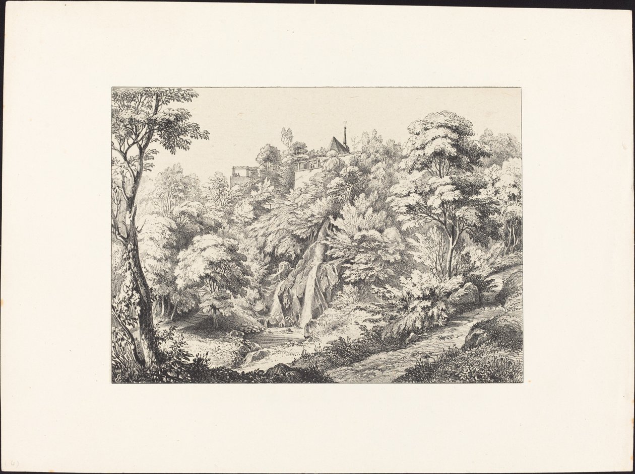 Rückansicht des Klosters mit Wasserfall von Ernst Fries
