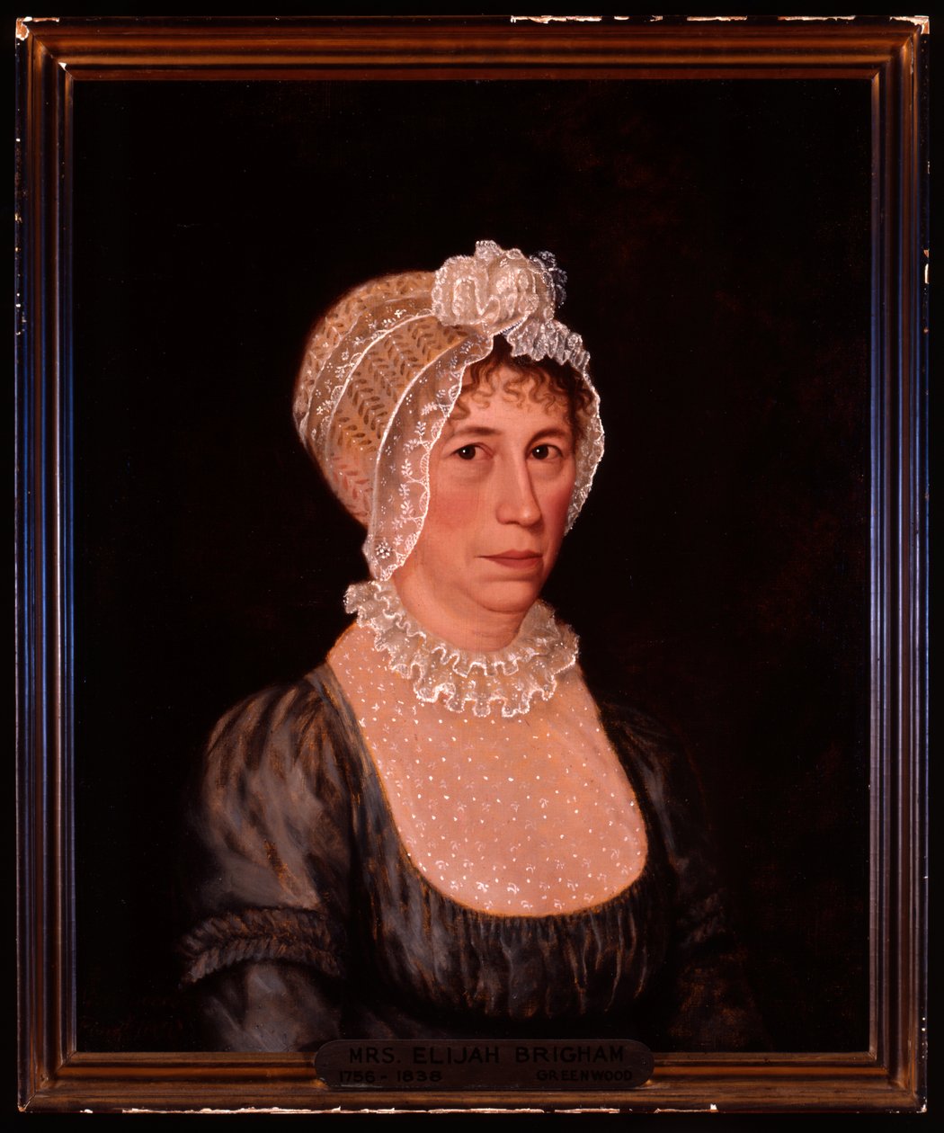 Halbporträt von Sarah Ward Brigham in einem tief ausgeschnittenen Kleid mit Spitzendetails und einer Spitzenhaube von Ethan Allen Greenwood