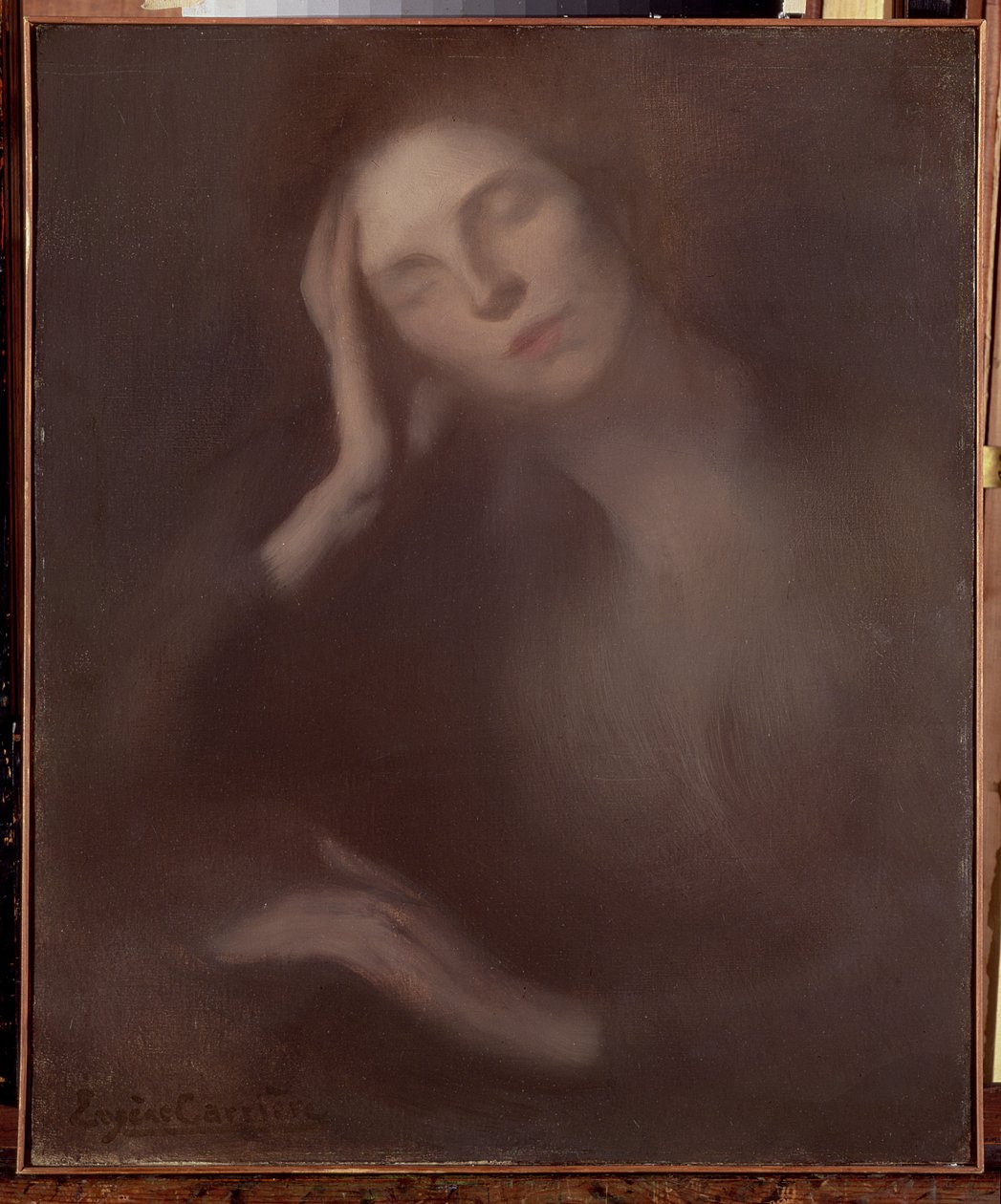 Frau, die sich auf einen Tisch lehnt, 1893 von Eugène Carrière