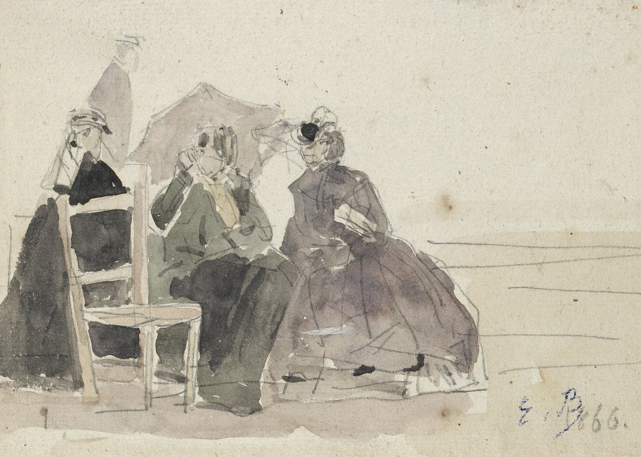 Drei Frauen sitzen auf Stühlen am Strand von Eugene Louis Boudin