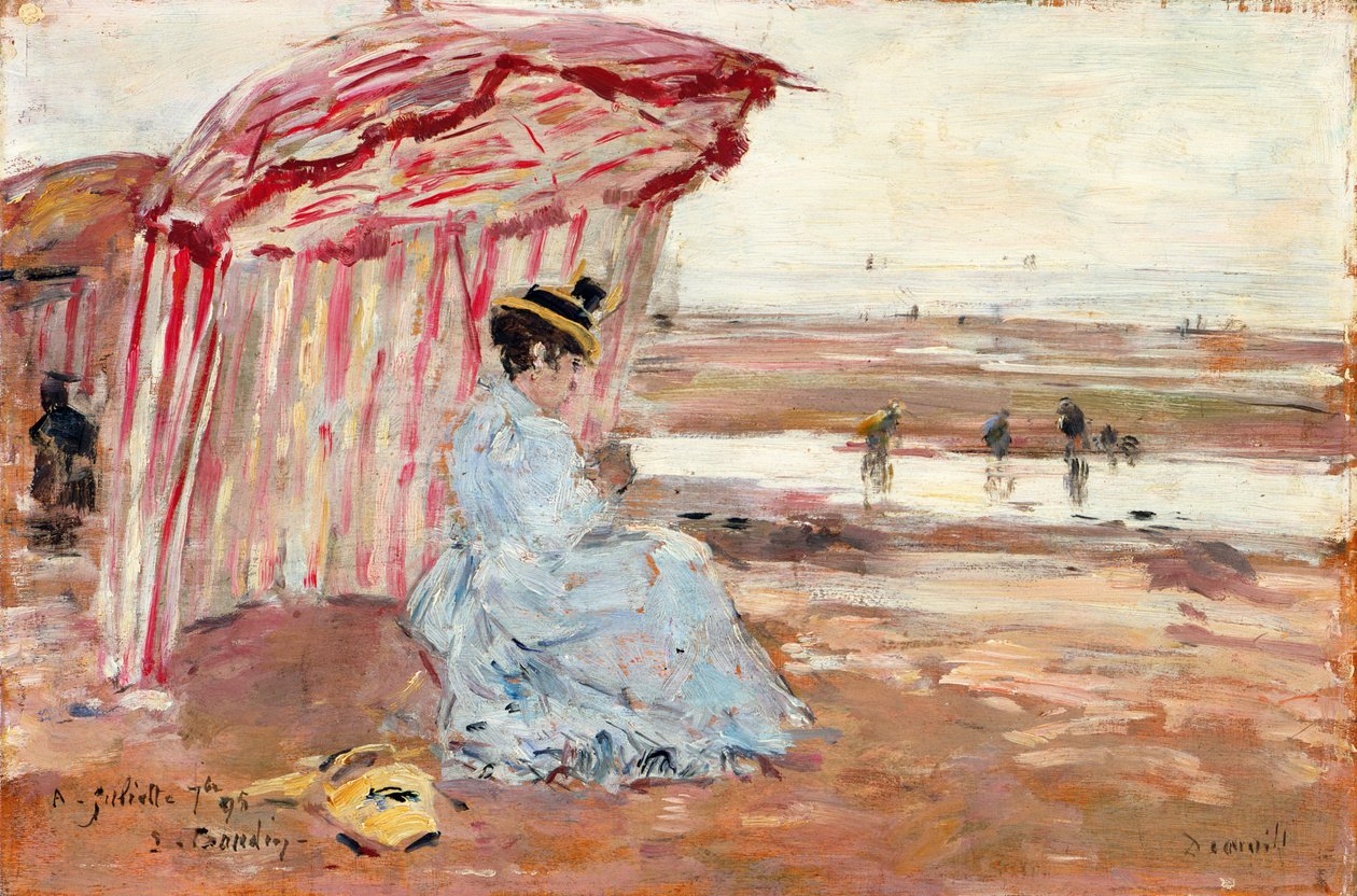 Frau unter Strandsonnenschirm von Eugene Louis Boudin
