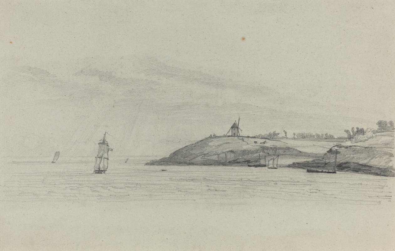 Küstenlandschaft mit Schiffen; Windmühle in der Ferne von Eugène Boudin