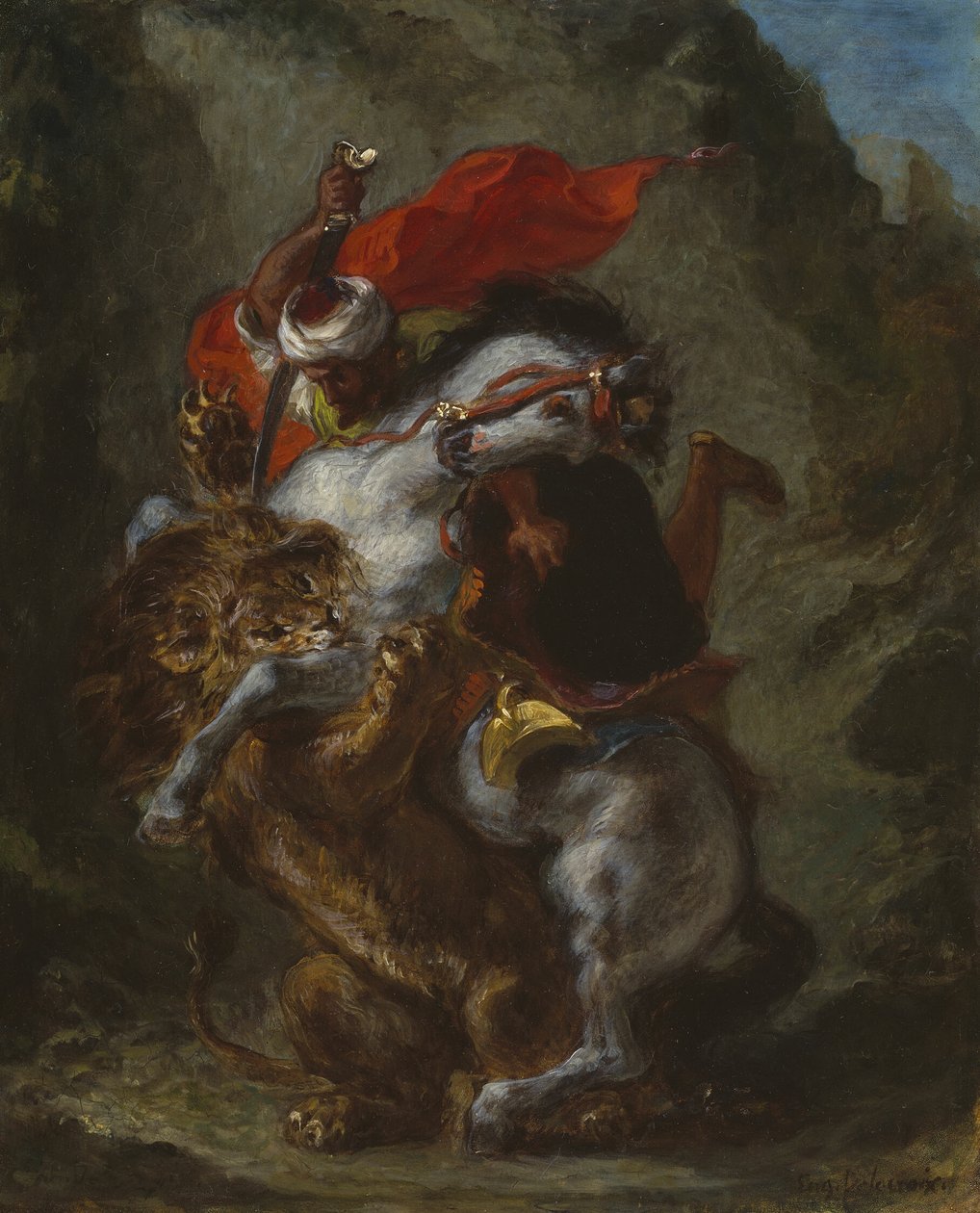 Arabischer Reiter von einem Löwen angegriffen von Eugène Delacroix