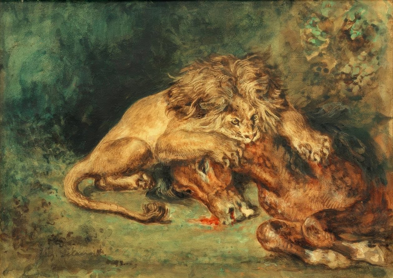 Löwe, ein Pferd reißend von Ferdinand Victor Eugene Delacroix