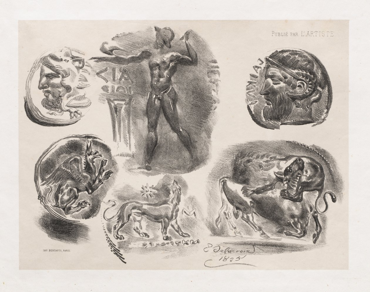 Blatt mit sechs antiken Münzen von Eugène Delacroix