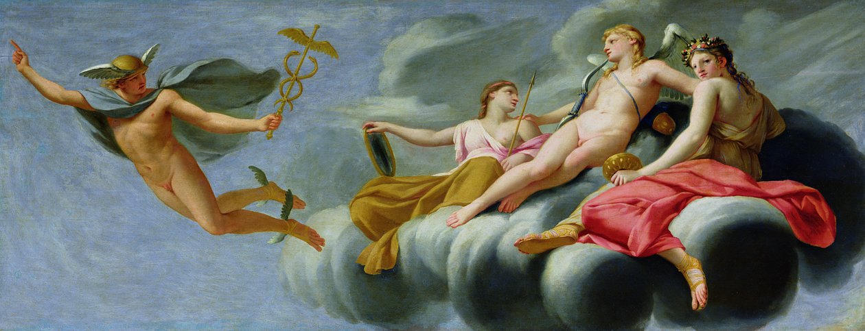 Cupid befiehlt Merkur, dem Boten der Götter, die Macht der Liebe im Universum zu verkünden, 1646-47 von Eustache Le Sueur