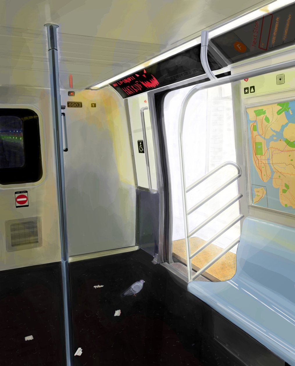 Taube in der U-Bahn von Evan Sklar