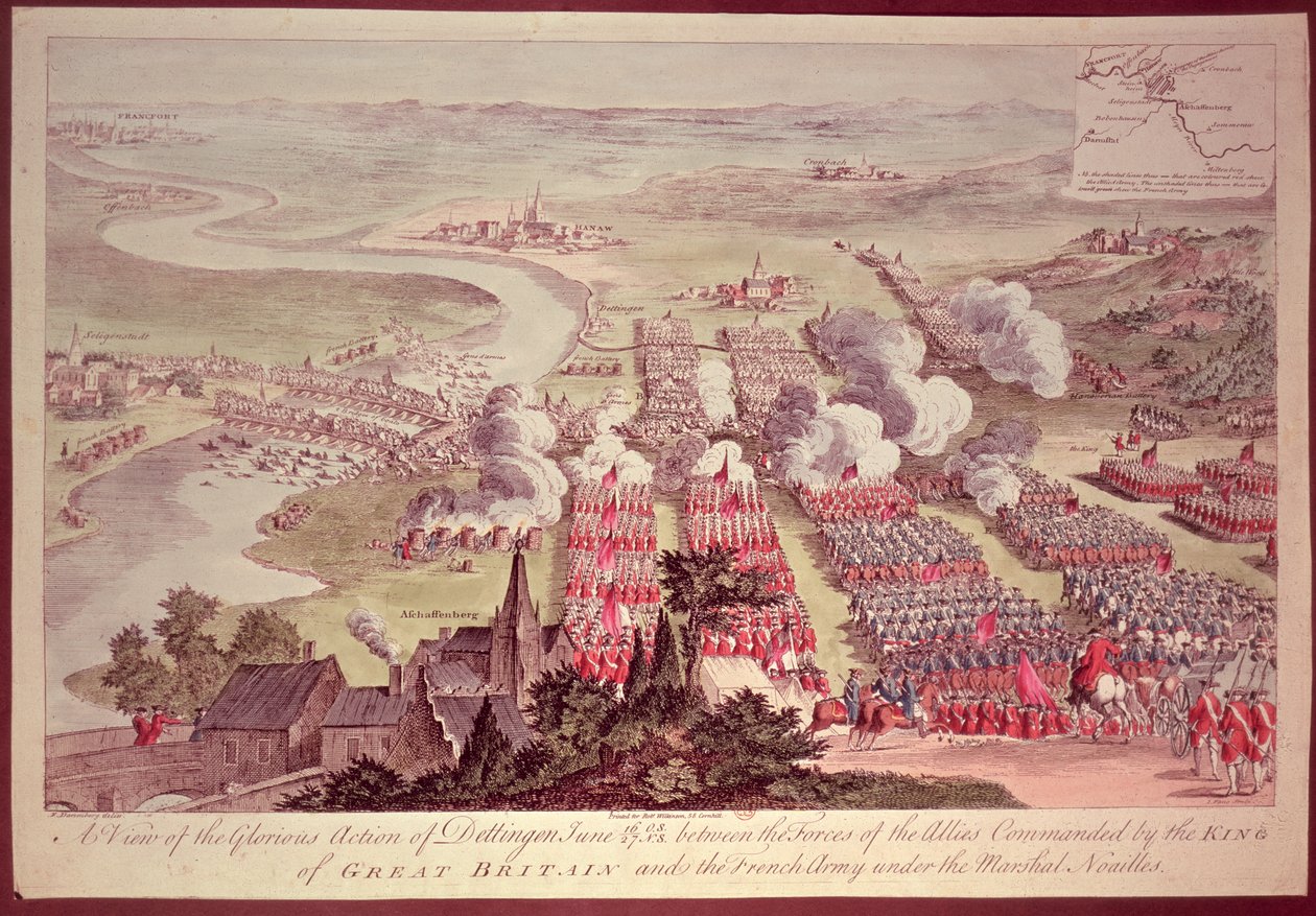 Eine Ansicht der glorreichen Aktion von Dettingen, 16.-27. Juni 1743, zwischen den Streitkräften der Alliierten unter dem Kommando des Königs von Großbritannien und der französischen Armee unter Marschall Noailles, graviert von F. Daremberg