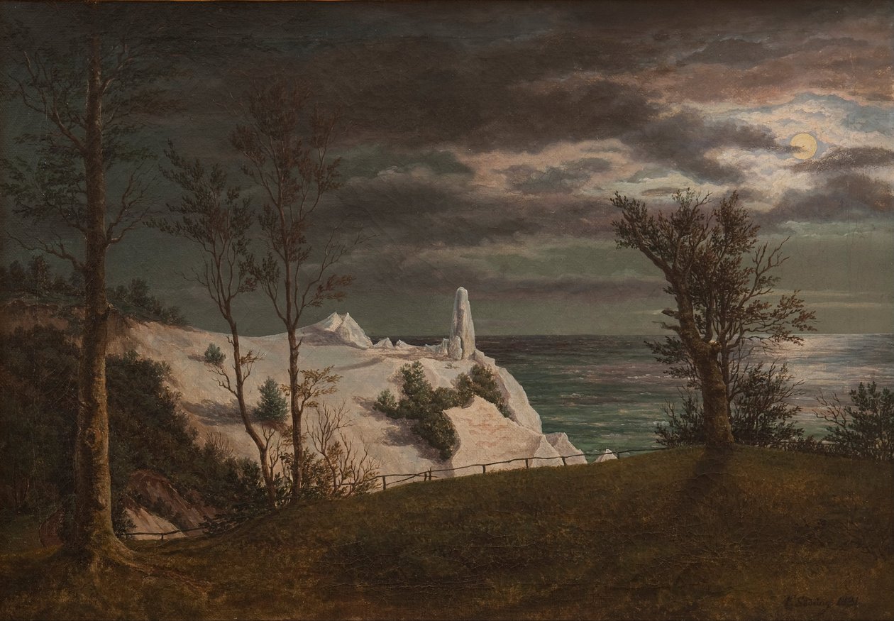 Der Sommerfelsen an den Kreidefelsen der Insel Møn. Mondlicht von F. Sødring