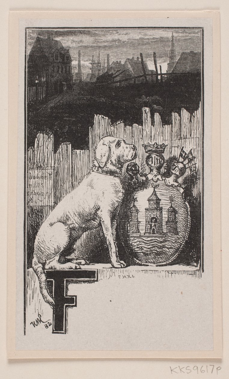 Initialvignette."F" mit einem Hund und dem Wappen von Kopenhagen von F. Hendriksen