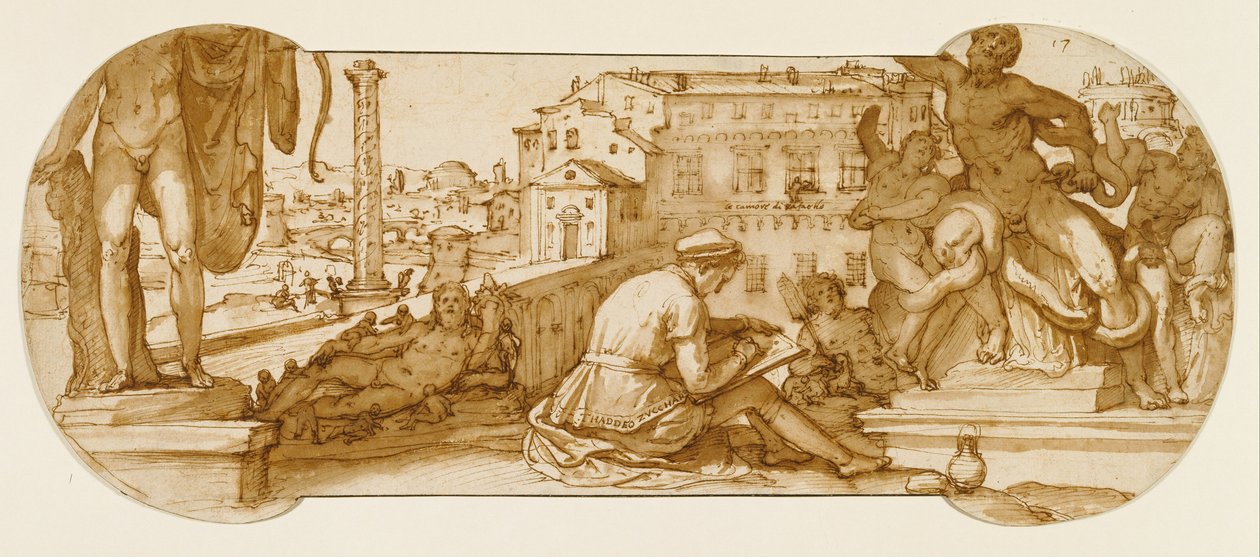 Taddeo im Belvedere-Hof im Vatikan, Zeichnung des Laokoon von Federico Zuccaro