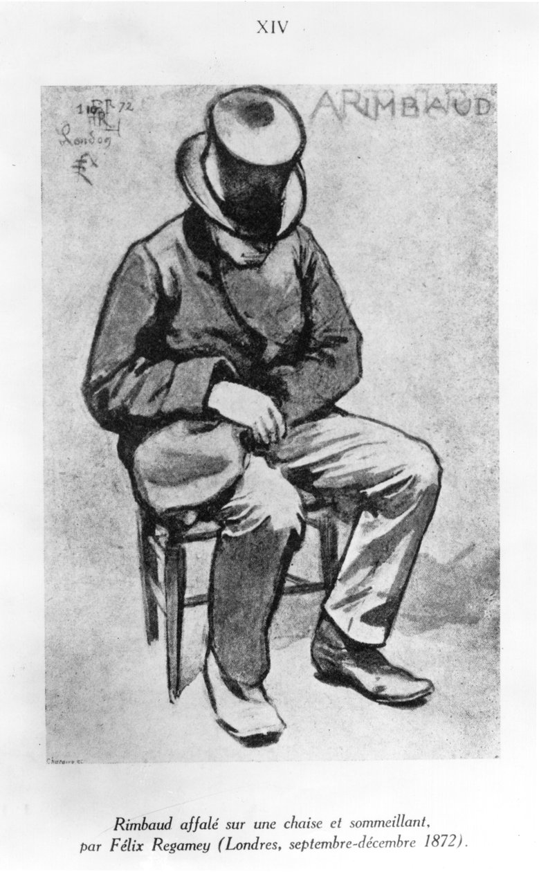 Arthur Rimbaud (1854-91) zusammengesunken auf einem Stuhl und dösend, in London, 1872 von Felix Regamey